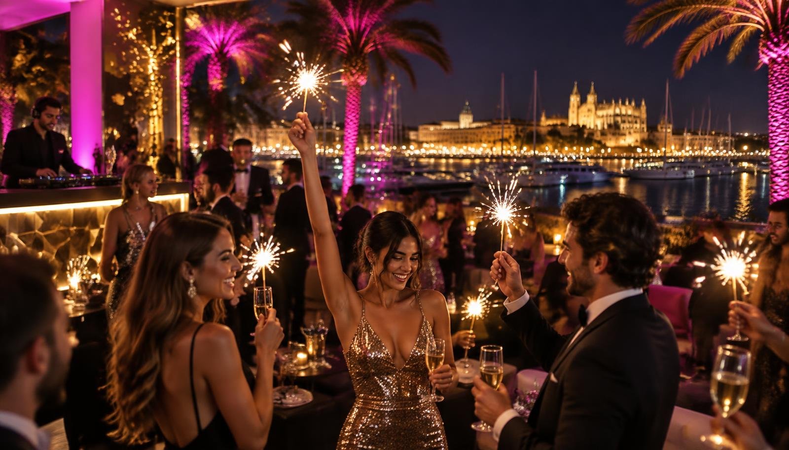 Fiesta nocturna en Valencia con invitados brindando junto al puerto