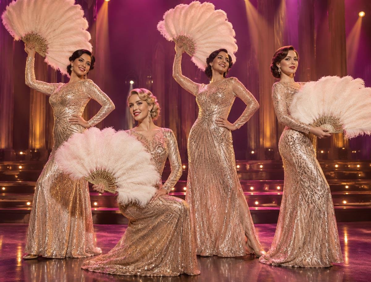 Bailarinas de cabaret con vestidos de lentejuelas y abanicos de plumas