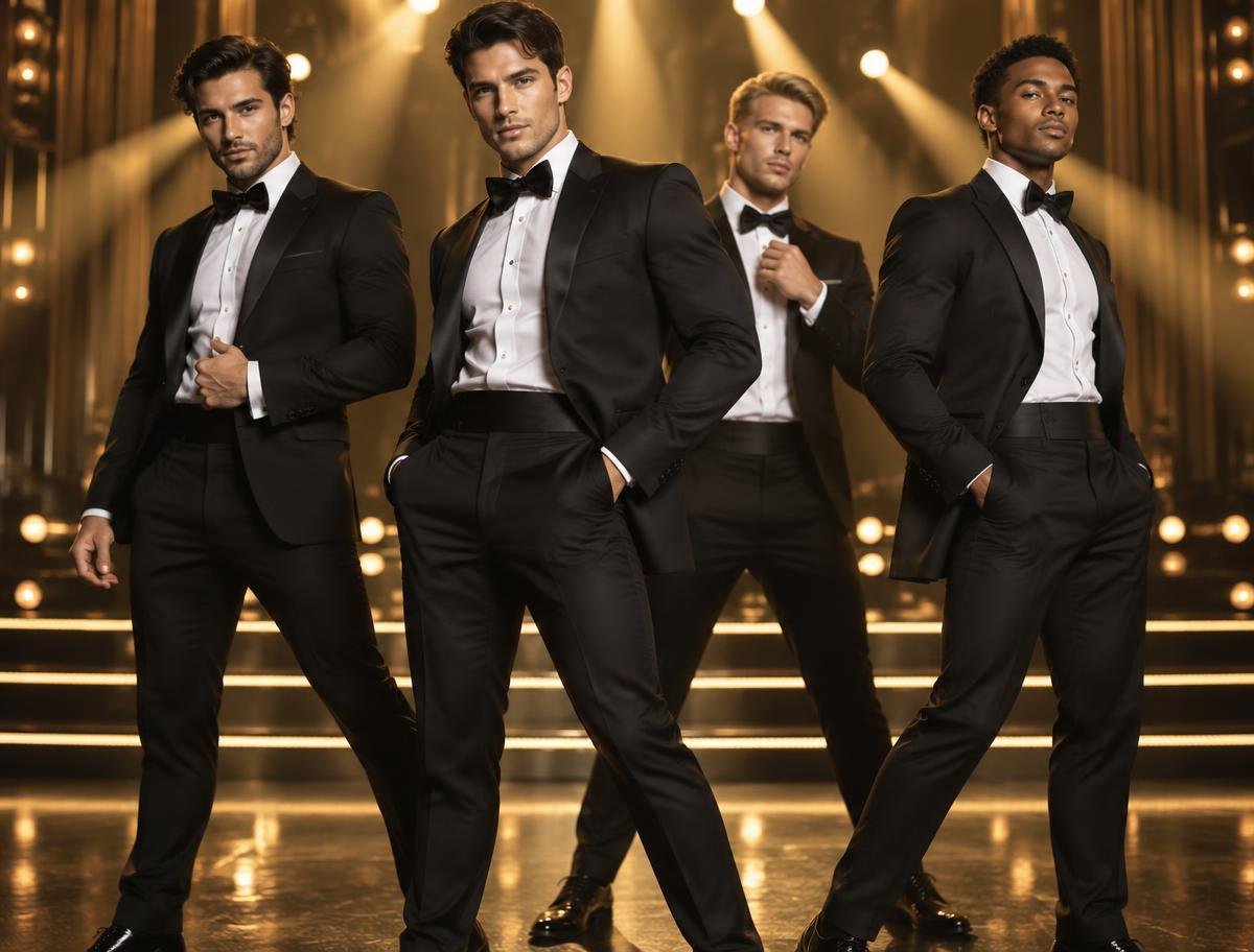 Bailarines masculinos con esmoquin sobre el escenario