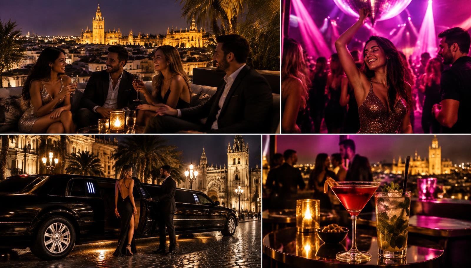 Escenas de ocio nocturno en Valencia: terraza, discoteca y limusina